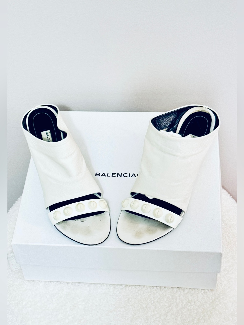 Balenciaga 372872 White Leather Architectural Wedge Mule Sandals – Size 37.5